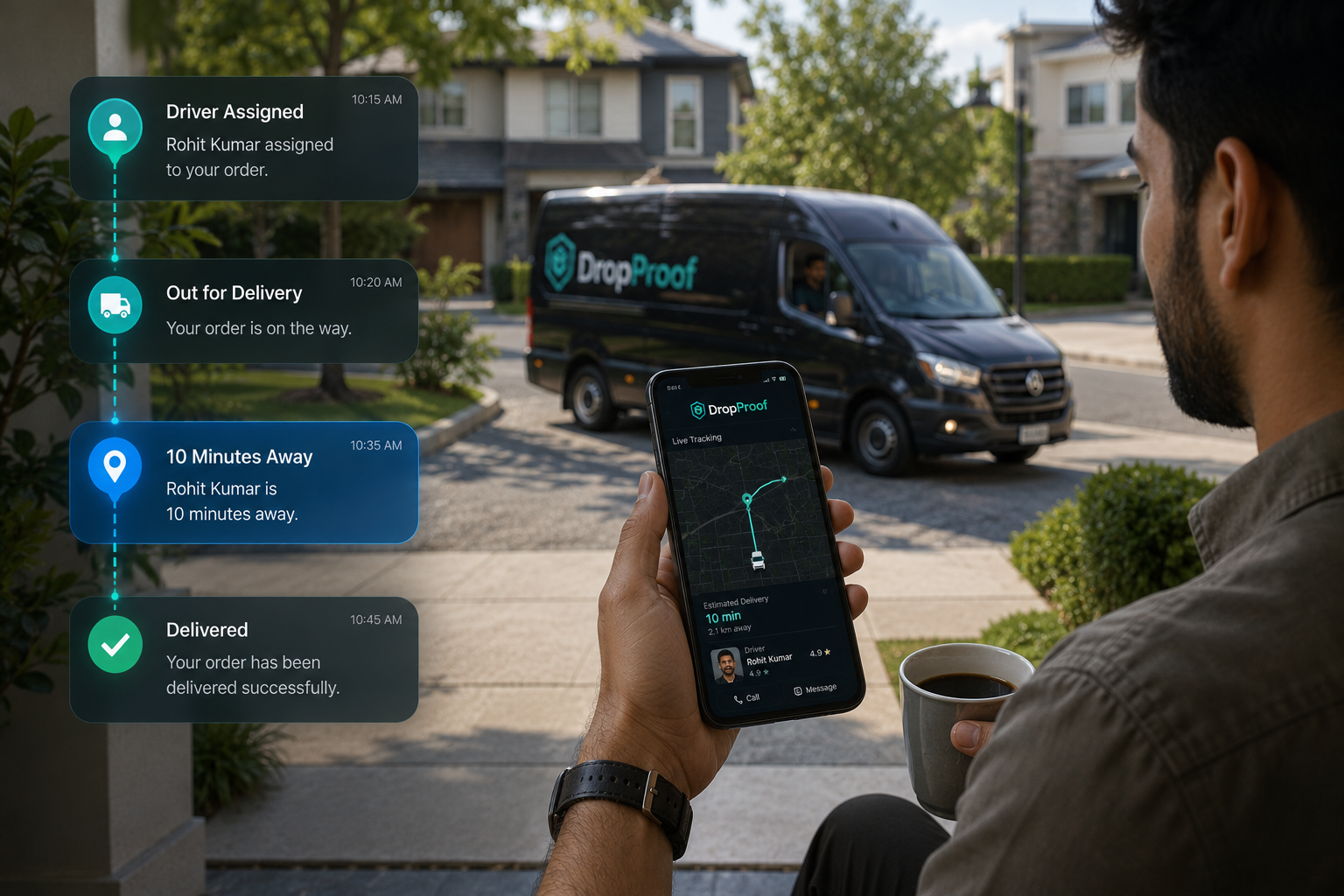 DropProof customer delivery notification interface showing status and delivery updates